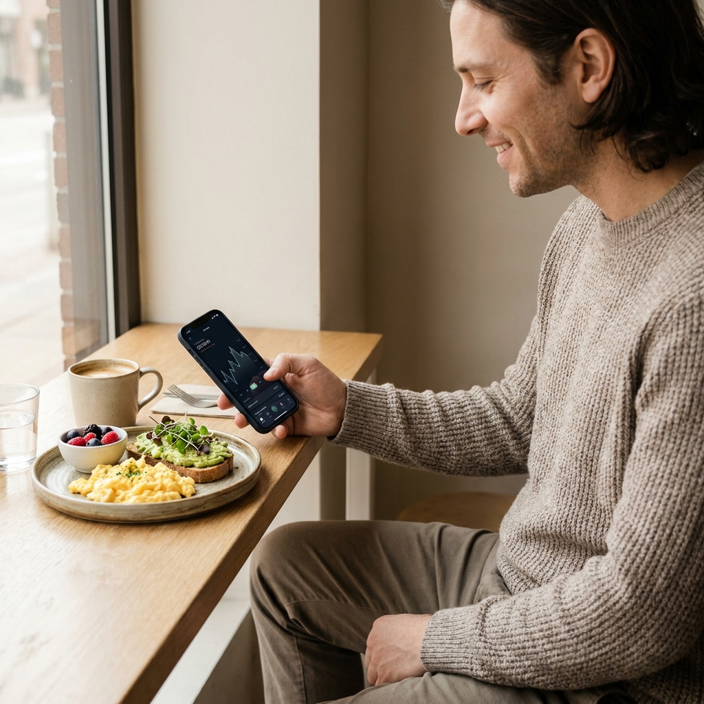 Person reviewing a monthly CGM report on a laptop showing glucose variability metrics, time in range percentages, and meal response curves in a modern dark-mode dashboard