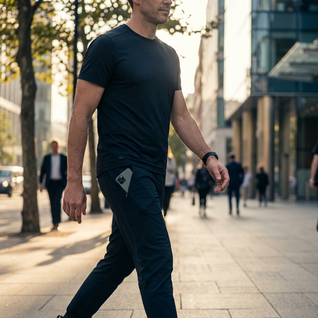 Calendar grid showing a 30-day habit ramp with sleep consistency checkmarks in weeks 1-2, protein floor checkmarks added in week 3, and daily step counts crossing 7000 in week 4, illustrating a staged habit stack