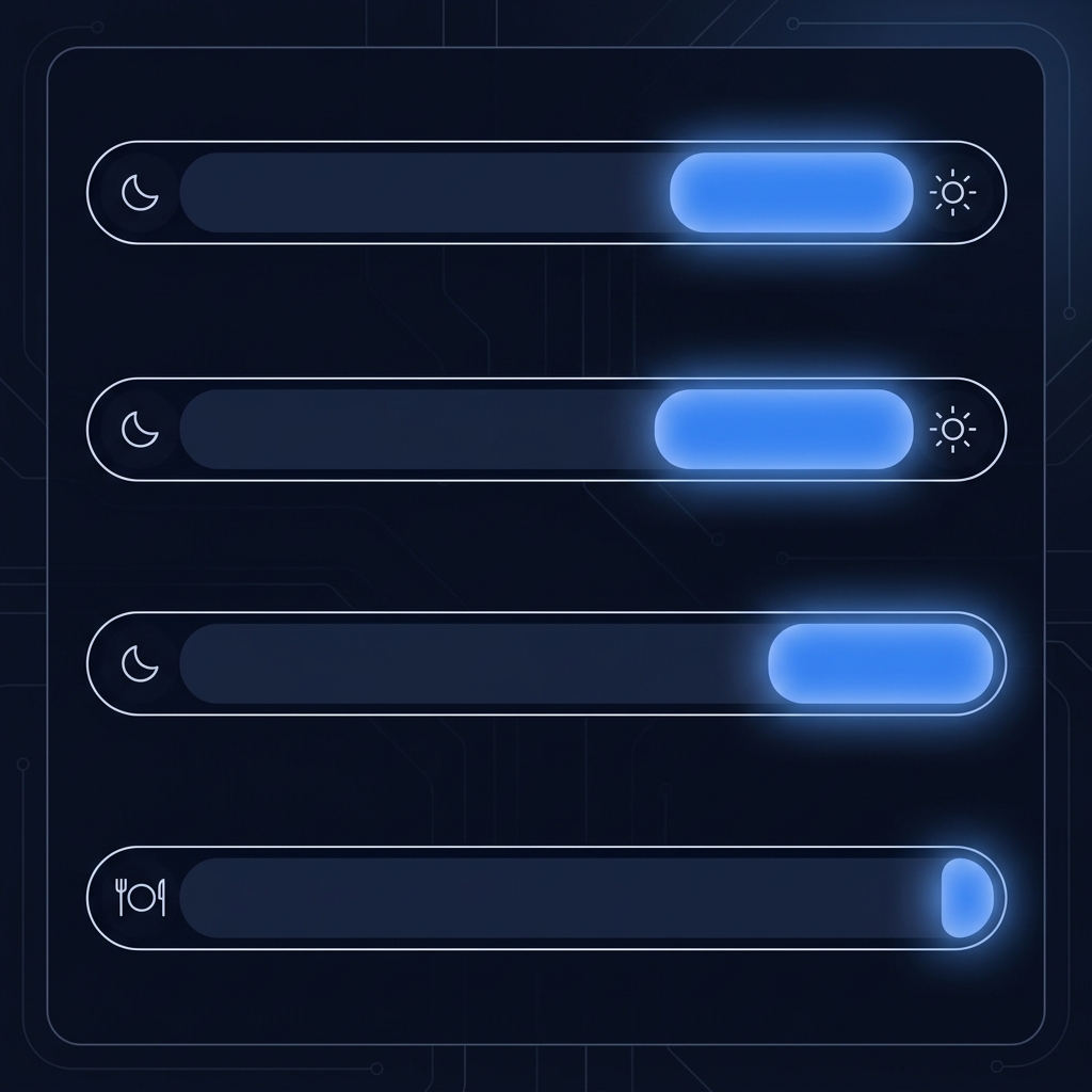 Dark-mode weekly dashboard showing four intermittent fasting windows (14:10, 16:8, 18:6, OMAD) plotted against a 24-hour clock, with the shaded eating windows shrinking from 10 hours down to 1 hour
