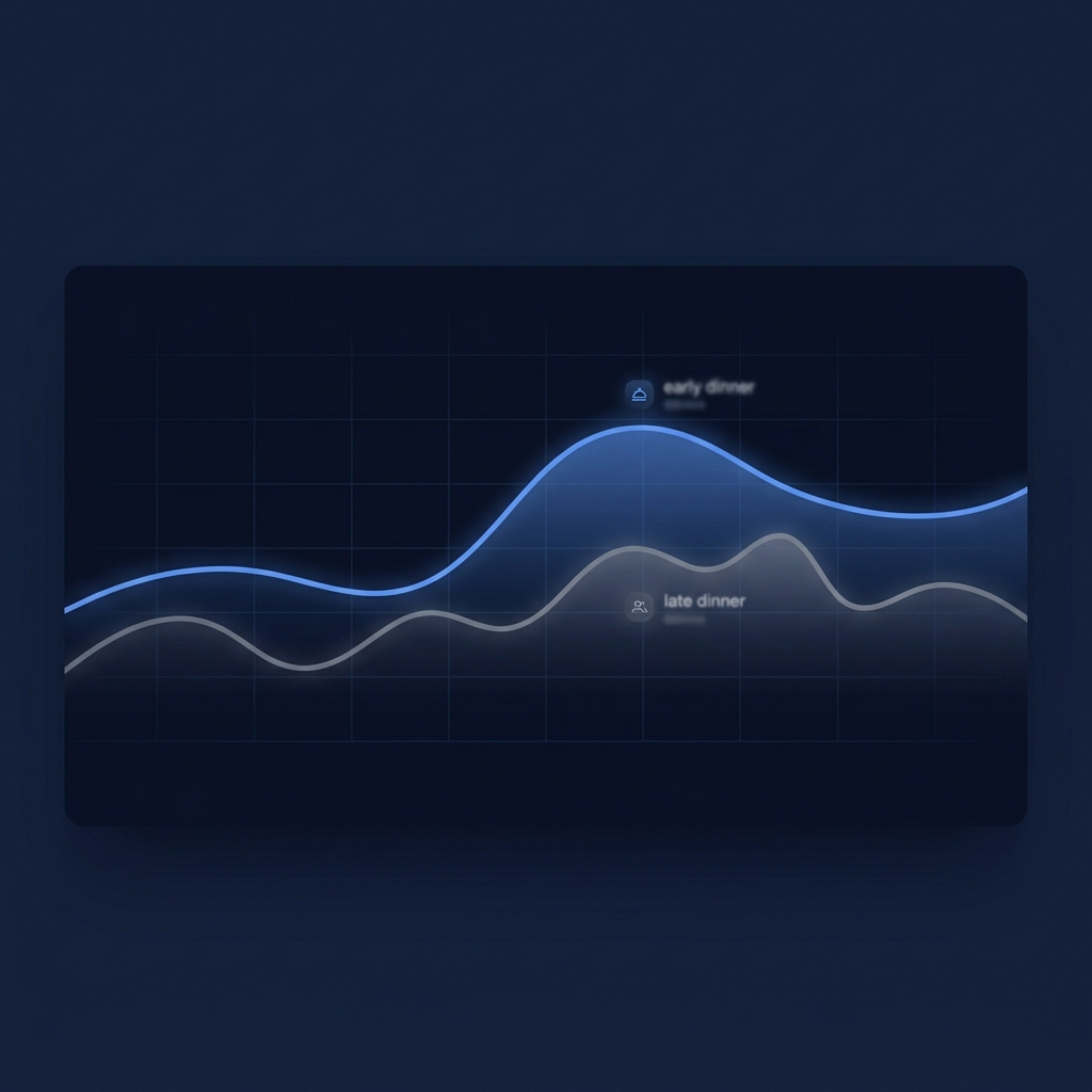 Warmly lit kitchen clock showing 9:47pm above a half-eaten bowl of pasta and a glass of red wine, illustrating the common late-dinner scenario that suppresses deep sleep and overnight HRV