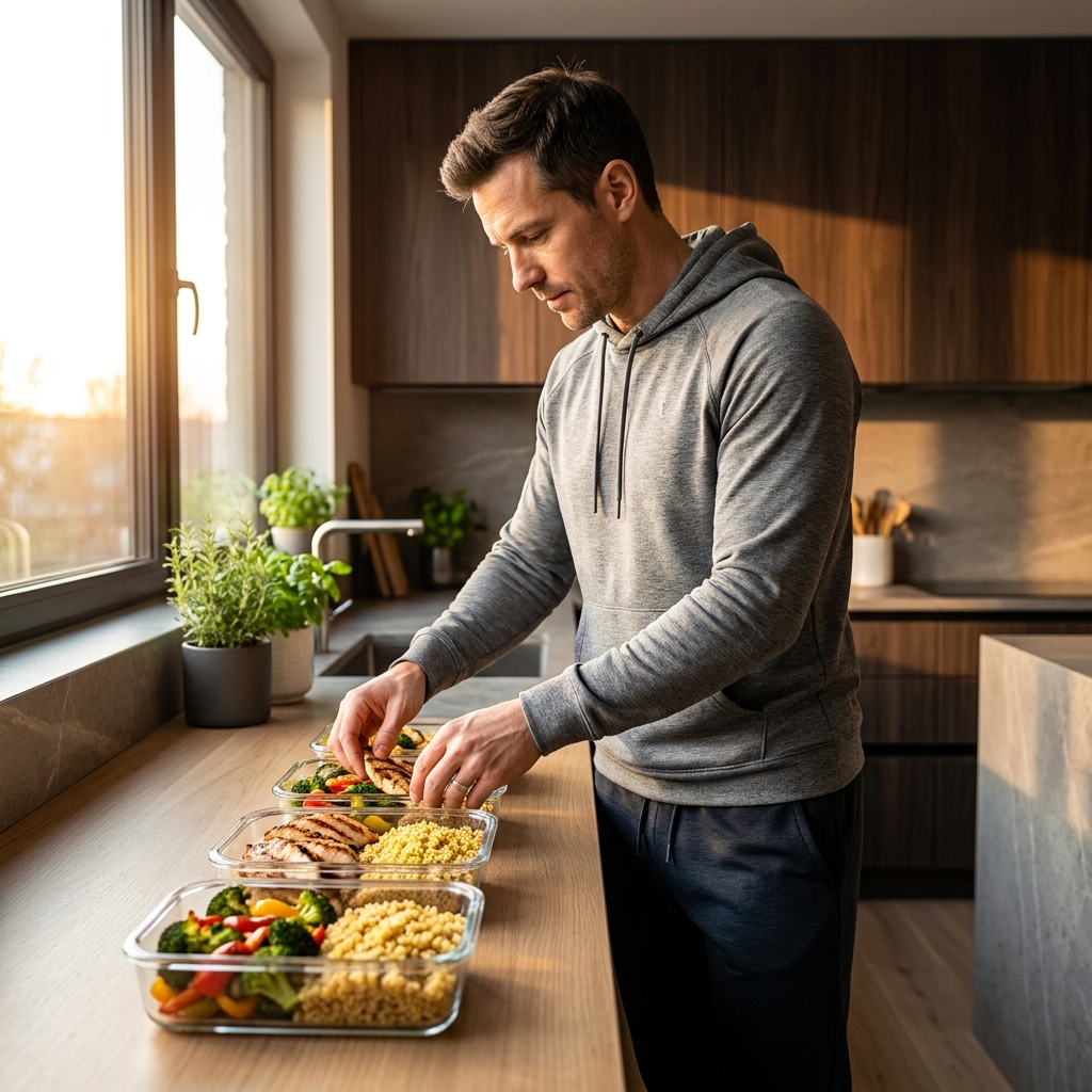 Person in workout clothes in a bright home kitchen portioning cooked chicken breast on a digital food scale next to bowls of Greek yogurt and cottage cheese, with a protein calculation on a tablet screen