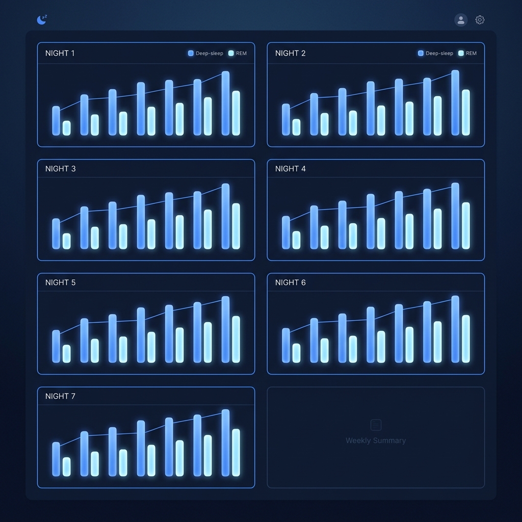 Dark-mode dashboard showing a 2x4 grid of 7 consecutive nights of sleep-stage data with deep sleep and REM minutes rising across the week as each new intervention is added
