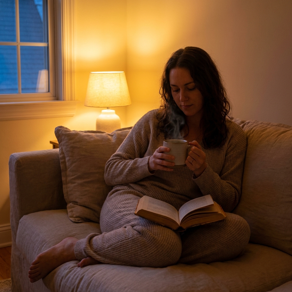 Person in loungewear sitting on a bed in warm lamp light with a paperback book and a steaming mug of herbal tea, illustrating a screen-free pre-bed wind-down routine